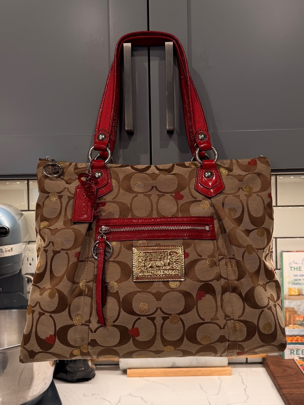 Coach 2011 Poppy Red Heart Signature Lurex Glam Large Tote Bag